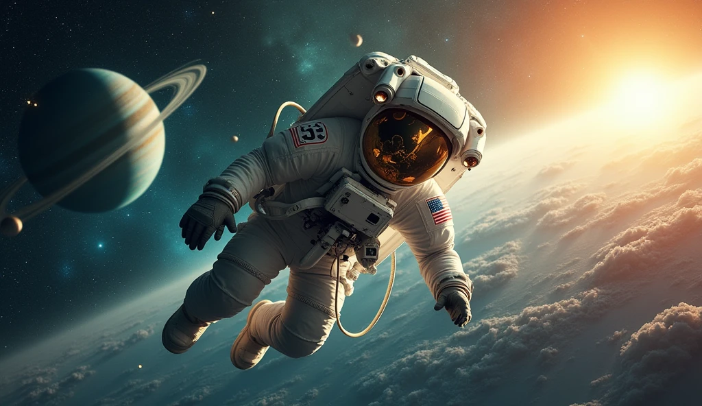 Create an astronaut for me floating in space with some beautiful planets and a very good view