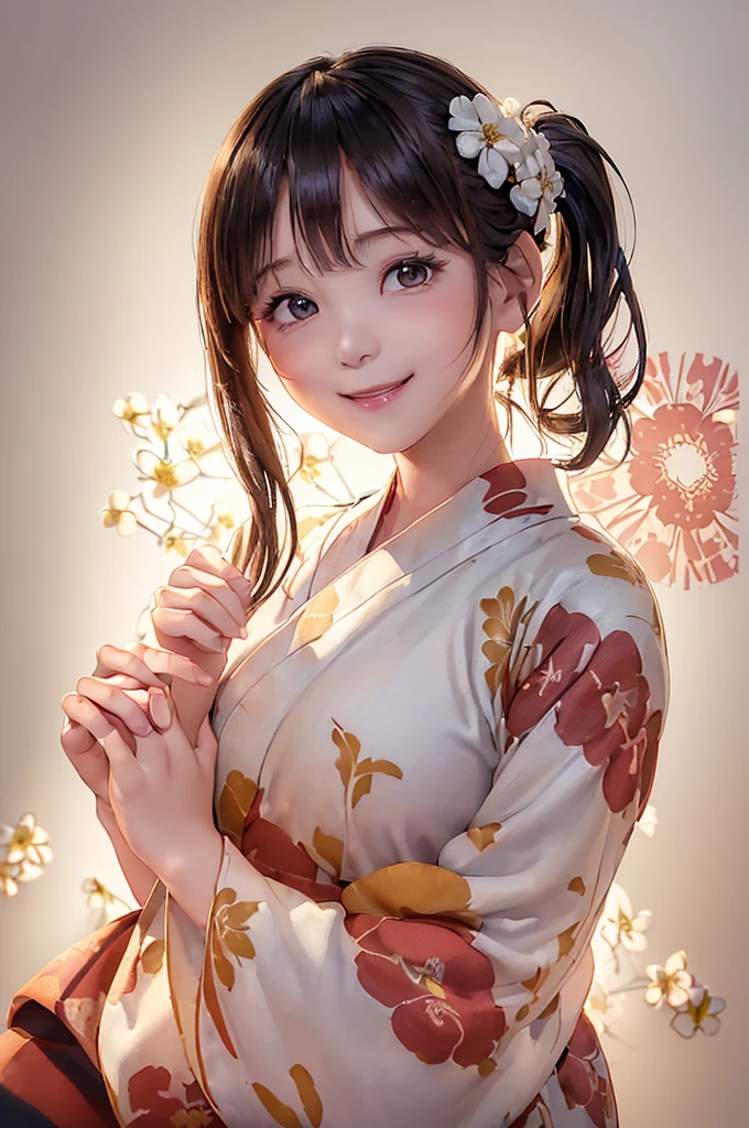 (((Cowboy Shot、Women's Solo Shot、Oil、Pure white wall background、masterpiece、Highest quality、High resolution)))、Brown Hair、Long Hair、(((Side Ponytail)))、(((Floral Yukata)))、(((Black yukata)))、Fashionable hairstyles、Pure white wall background、Red cheeks、((No Shadow、Frame In))、((Small breasts))、((smile))、((Happy expression))、(((Raising the right hand)))、((((No background))))、