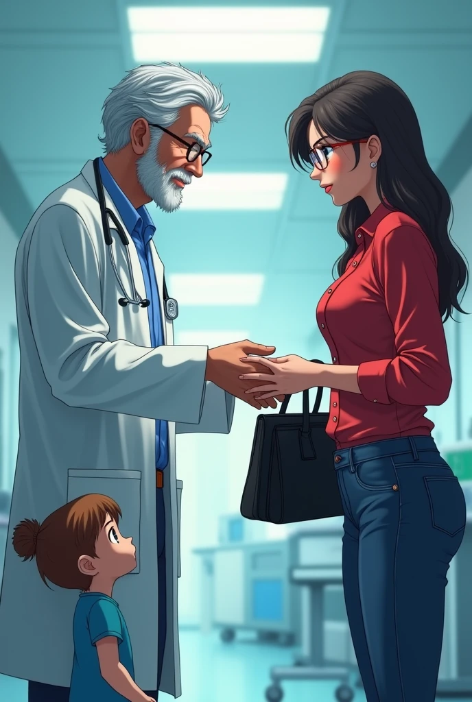 A doctor of age 50, handing a black purse bag to a young woman in red shirt, jeans and spectacles. Shirt buttons open. Big chest. Woman bending forwards. A kid looking at her chest with wide open mouth. Cinematic scene. Hospital room background. Side view. High quality anime style.