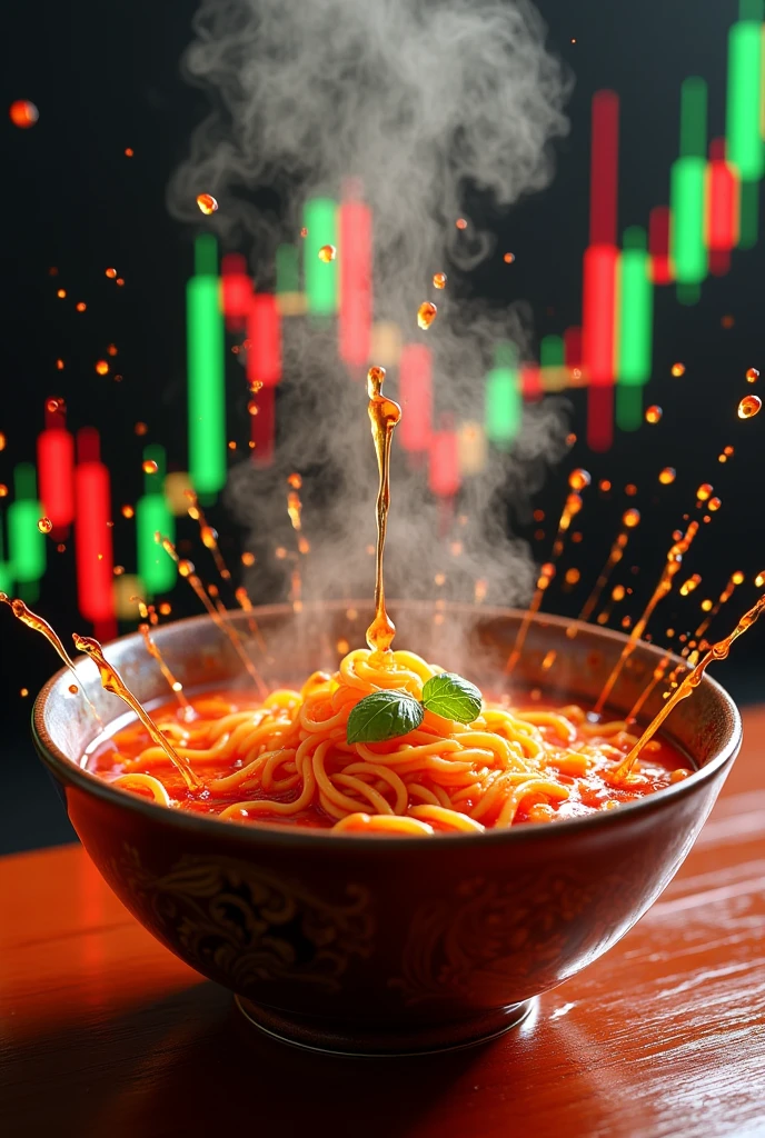 Can you create the modern 3d forex chart trading with three line of 3D moving average line indicators. chart against red and green candlesticks, Chart Ejaculate break out from very spicy soup noddle bowl. Graph make soup splashing from blow. Focus on forex chart and moving average line.