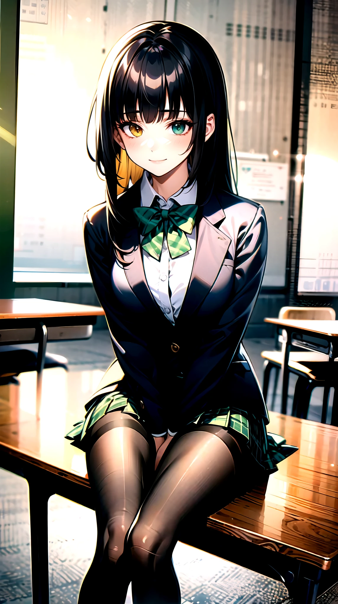 ((super high quality,Ultra-high resolution,4K,8k,super masterpiece,Ultra HD ,Detailed shading)),Full body photo,night classroom,1 high school girl,Blue-green blazer,White dress shirt unbuttoned to the second button,Yellow and black striped bowtie,Brown plaid mini skirt,Black tights,Extremely long, straight, black hair,Side-swept bangs,Heterochromia of orange and green,Sharp gaze with raised eyebrows,smile,Sit at a desk,