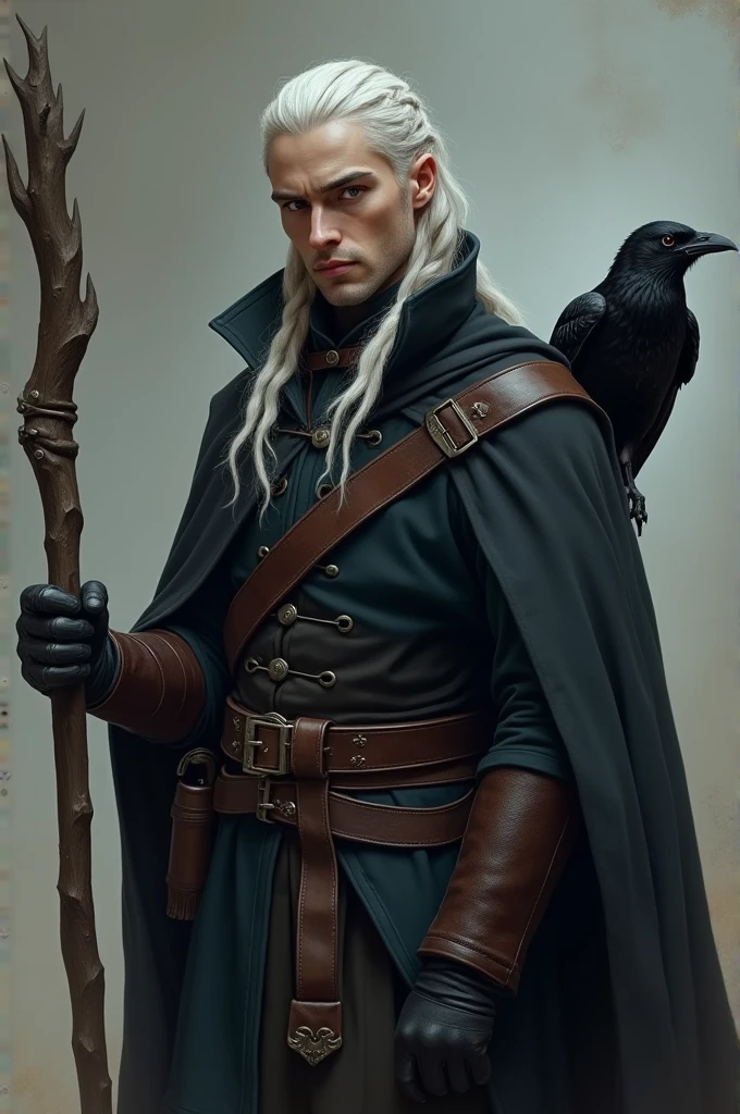 RPG filter
Half-elf, offwhite, with a staff and a raven
Rebellious, militar, short black hair, with white streaks in their hair , he is a man, no beard but very masculine, bad boy, burglar, He's not that old, around 24 years old, has no fringe, His hair is pulled back in braids with shaved sides, shorth hair, He has a white streak, badass, Your uniform is medieval military, He is a young adult.