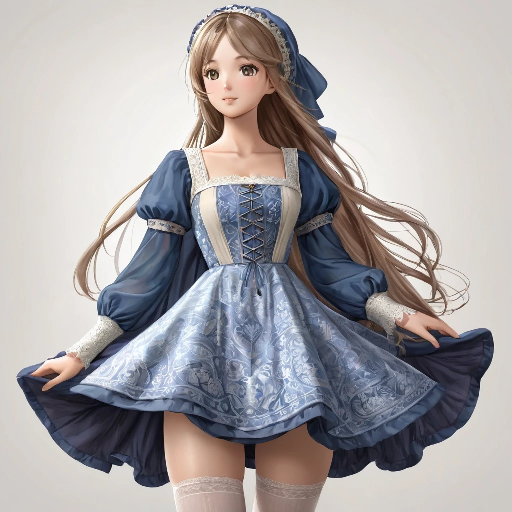 Underwear, Realistic panties made from patterned cotton fabric, Medieval one-piece dress with panniers, Fabric Realism, Low - Angle, You can see the drawer, Pull up the dress by hand, Strong winds, Translucent slip, Translucent slip, tights, Highest quality, Crotch close-up, whole body
