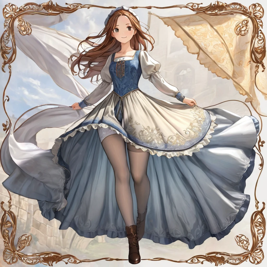 Underwear, Realistic panties made from patterned cotton fabric, Medieval one-piece dress with panniers, Fabric Realism, Low - Angle, You can see the drawer, Pull up the dress by hand, Strong winds, Translucent slip, Translucent slip, tights, Highest quality, Crotch close-up, whole body
