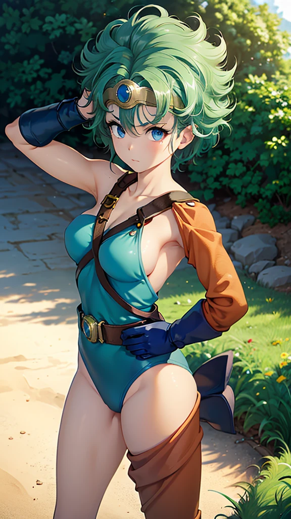 (((SFW、sound、Highest quality、Top notch work、Normal body、、Detailed face、Ultra-precision、Normal hand、のrefer、5refer、Highest)))、beautiful girl、Green Hair、yamato nadeshiko、Small breasts、Shortcuts、Blue leotard、Muscular、Red Cape、Circlet、Dragon Quest、Female Heroes、 Fight、Fight準備完了、Sweep with a sword、Please put your hands together in front of you.、Place your hands behind your back、Please put your hands on your hips、cover your chest with your hands、((Executed perfectly:Frame yourself from head to toe,Standing posture,Draws in great detail、There is no anatomical problem))、forest