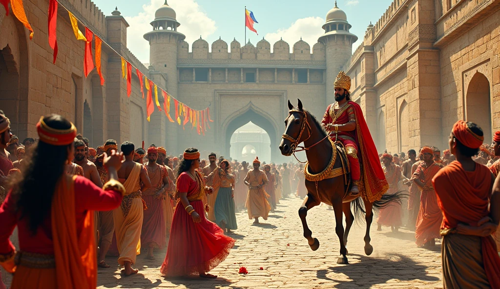 A scene depicting the fort of Mewar, newly reclaimed, with the people of the kingdom celebrating. The fort’s walls are adorned with banners, and Maharana Pratap is shown on horseback, riding through the streets as people shower him with flowers and praise. The atmosphere is festive, with musicians playing traditional instruments and people dancing, symbolizing the revival of Mewar's independence."
