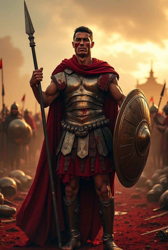 Roman warrior, dying , bloody armor, on battlefield, standing with a spear, epic, 8k, he is holding hellma in his hand, without a helmet, he holds roman shield,Cristiano Ronaldo