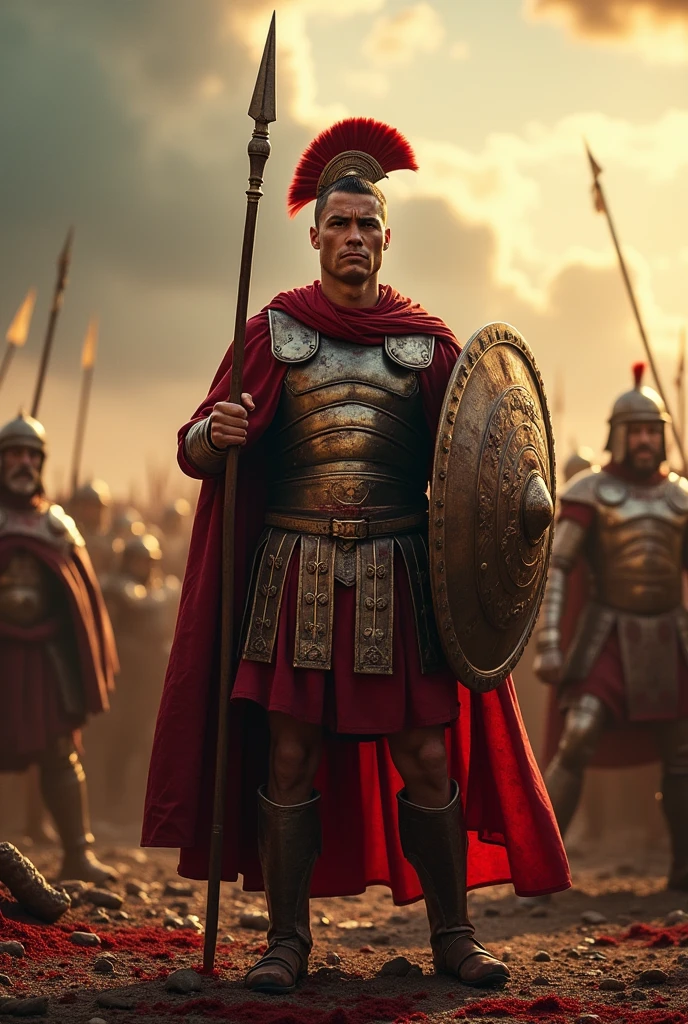 Roman warrior, dying , bloody armor, on battlefield, standing with a spear, epic, 8k, he is holding hellma in his hand, without a helmet, he holds roman shield,Cristiano Ronaldo