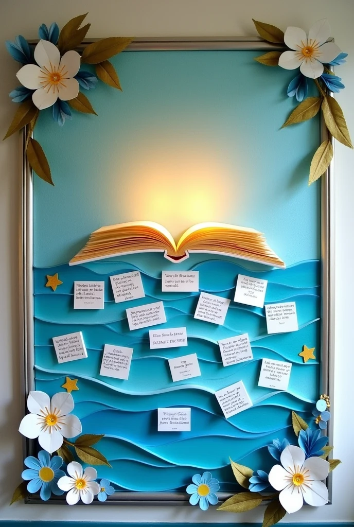 blue, gold, and white bulletin board about a book club