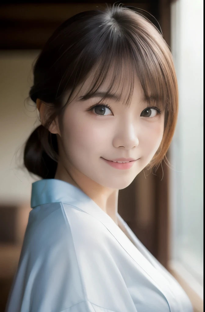 best quality, face focus, soft light, ultra high res, (photorealistic:1.4), RAW photo,(Shinozaki Ai), white skin, kawaii, 1 Japanese girl, solo, cute, (smile), (pupil, lights in the eyes), detailed beautiful face, Medium-sized breasts,(high resolution detail of human skin texture),(long hair),(portrait), upper body, white traditional kimono