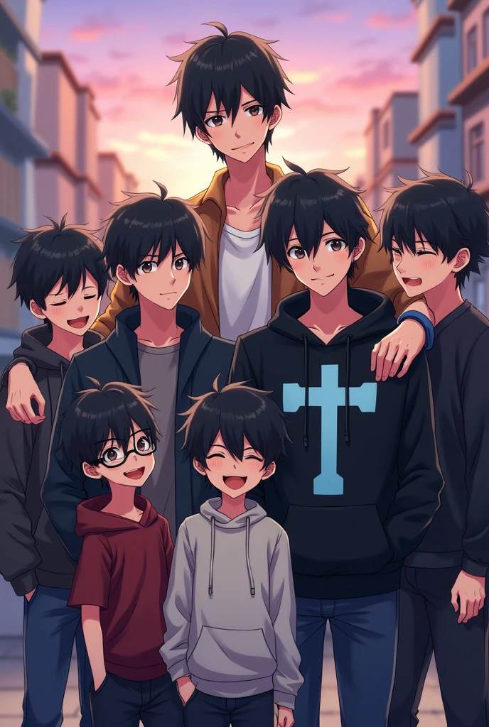 7 anime boys. 1st one wears glasses. 2nd is really short. 3rd one is a bit fat. Forth one wears a black hoodie and have a light blue cross on it. 5th one is tall. 6th one is bit short. 7th one is normal. All has black hair.