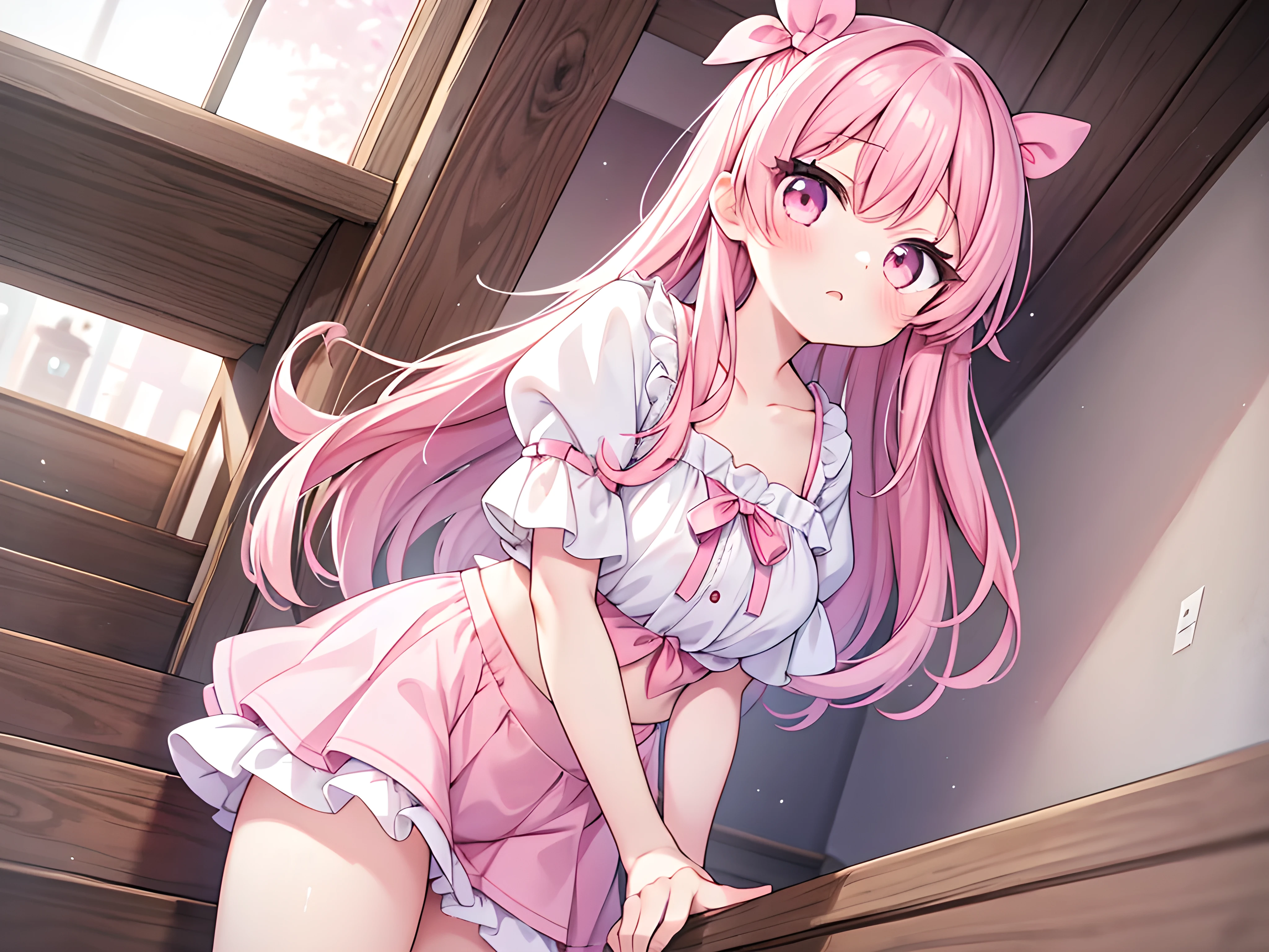1girl,kawaii,cute,energetic girl,. She says: 'Wake up e!' masterpieces,top quality, very dense, pastel colours, early morning.,pink hair, pink eyes,pink ribbon,big eyes, ,pink ribbon, pastel color,long eyelashes,leisure land,collarbone,short sleeves,mini skirt, long hair,pink panties,going down the stairs, (from below:1.3), (from front), panties focus,