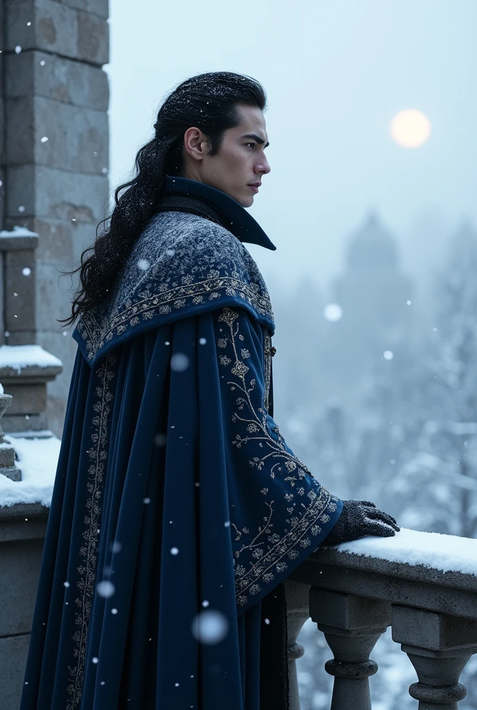 A cold prince with black hair and black eyes
