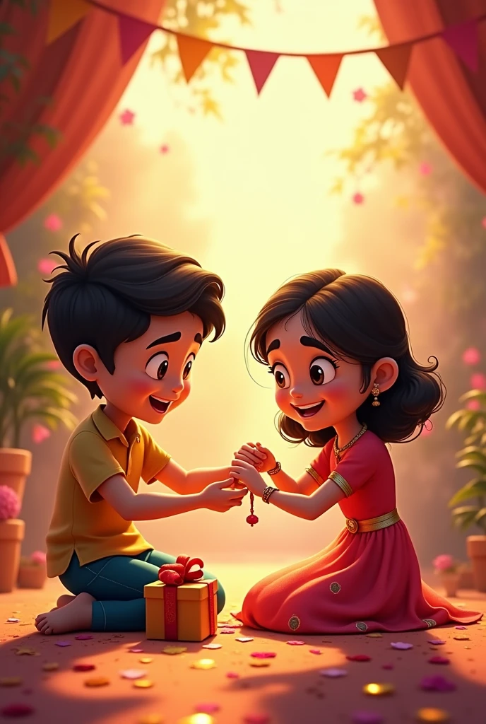 Generate an animated image of sister tying rakhi on  her brother's wrist
 and brother is keeps the gift at side to gift to his sister of small kids cute image and write happy rakshabandhan in it at back