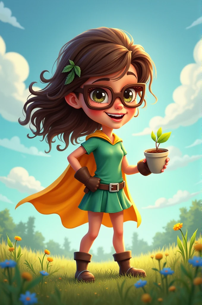 make a girl cartoon character a superhero that will maintain and help our environment