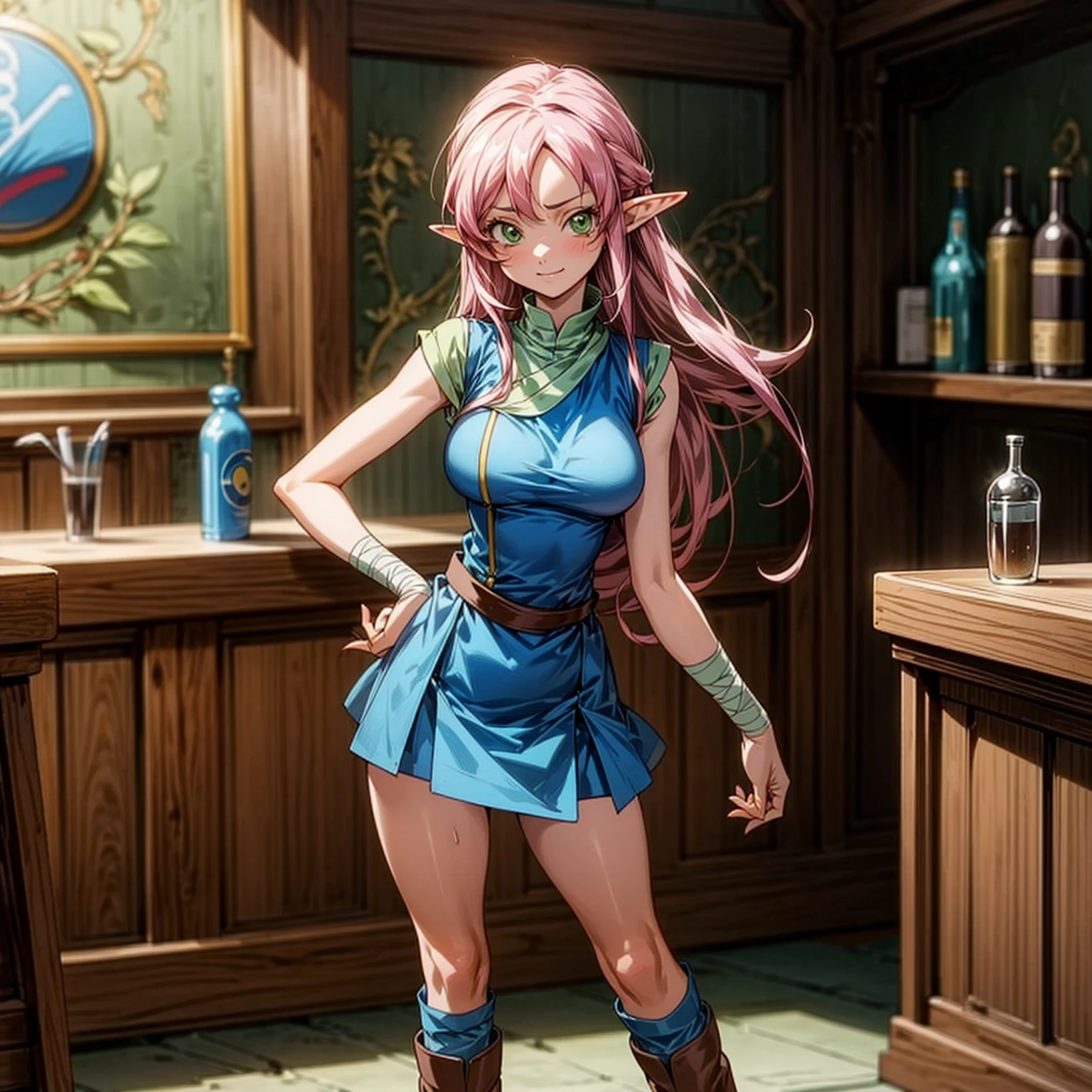 Solo character, full body version, girl, (elf), green eyes, pink color hair, long haircut, blue sleeveless t-shirt, long brown skirt, bandage, boots, indoor, village, bar, kitchen, medieval, detailed background, detailed clothing, detailed hair, sad eyes, smile mouth, big breast, standing gesture, (one piece style art, Doraemon style art)