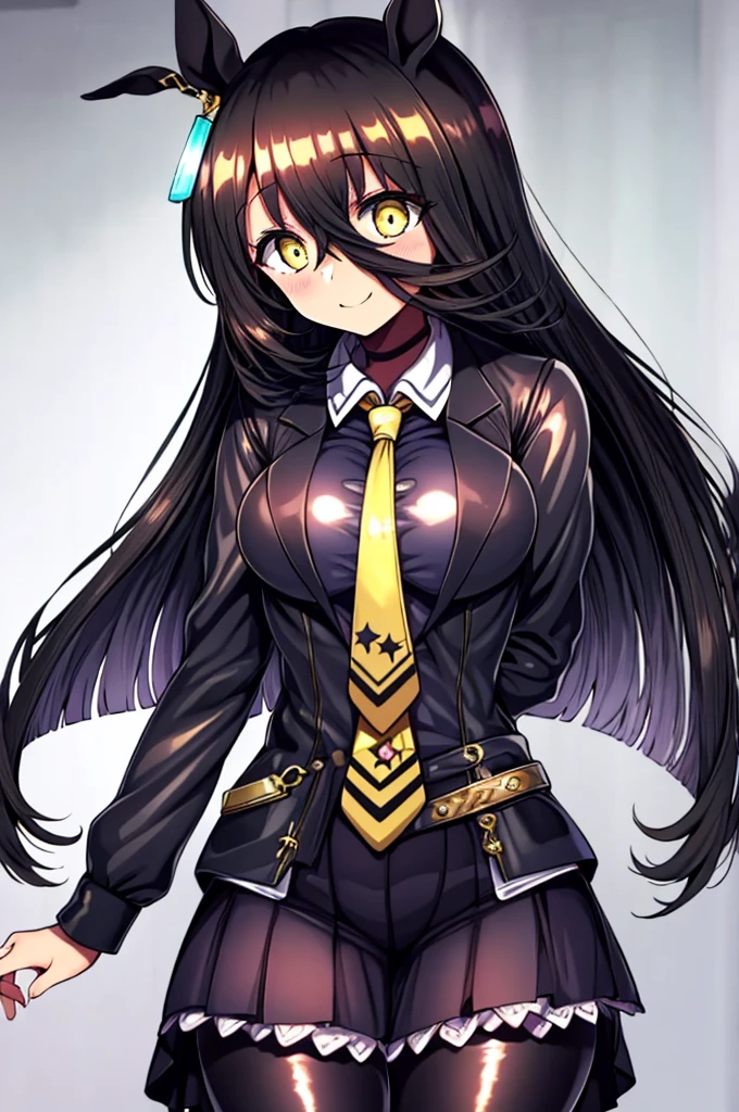 masterpiece, Highest quality:1.2), Manhattan Cafe(umamusume), One Woman, alone,Glowing Skin、Yellow Eyes、Eyes without highlights、Thick legs、Are standing、Cowboy Shot、smile、latex、Perfect fit for your skin、Shiny black skirt, Shiny black business shirt、Shiny yellow tie, Glossy black jacket,pantyhose、