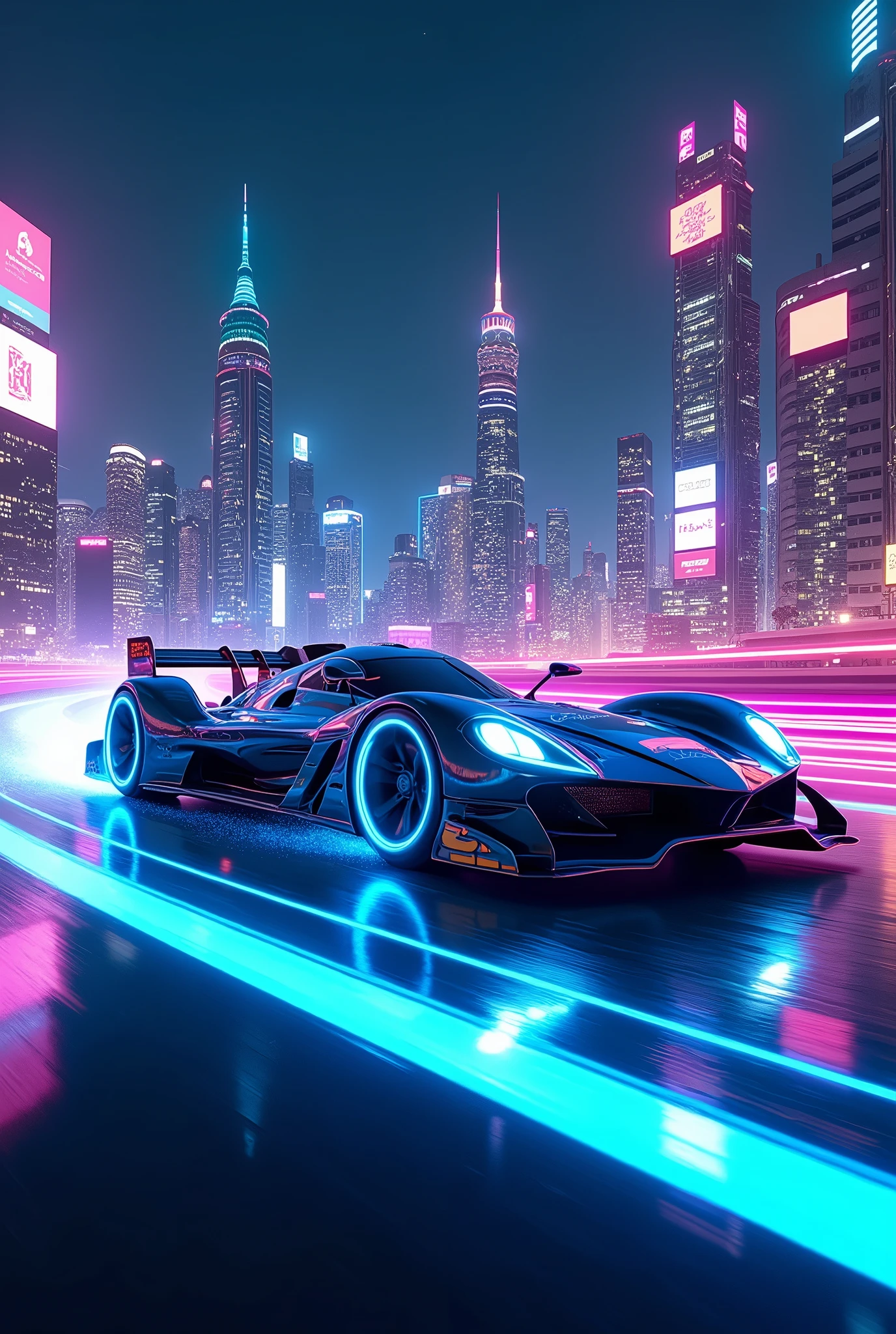 (((best quality))),(((ultra detailed))),(((masterpiece))),illustration, speed lines effect, An extraordinary and highly detailed artwork capturing a futuristic cyber-era race car. The car features a sleek and futuristic design with a metallic finish, showcasing intricate lines and adorned with vibrant neon lights. The tires emit a mesmerizing blue electric glow, adding to the dynamic energy of the scene. The race car appears to be speeding through a cityscape at night, with buildings and skyscrapers illuminated by dazzling lights. This high-definition masterpiece is reminiscent of the finest artworks by visionary artists like Syd Mead, Daniel Simon, and Scott Robertson. strafed image of a car driving on a highway with a blurred background, background art, 4K HD illustrative wallpaper, futuristic super car render, neon-noir background, PC screenshot, 4K wallpaper, 4k wallpaper, digitally painted, octane rendered, 3840 x 2160, 3840x2160
