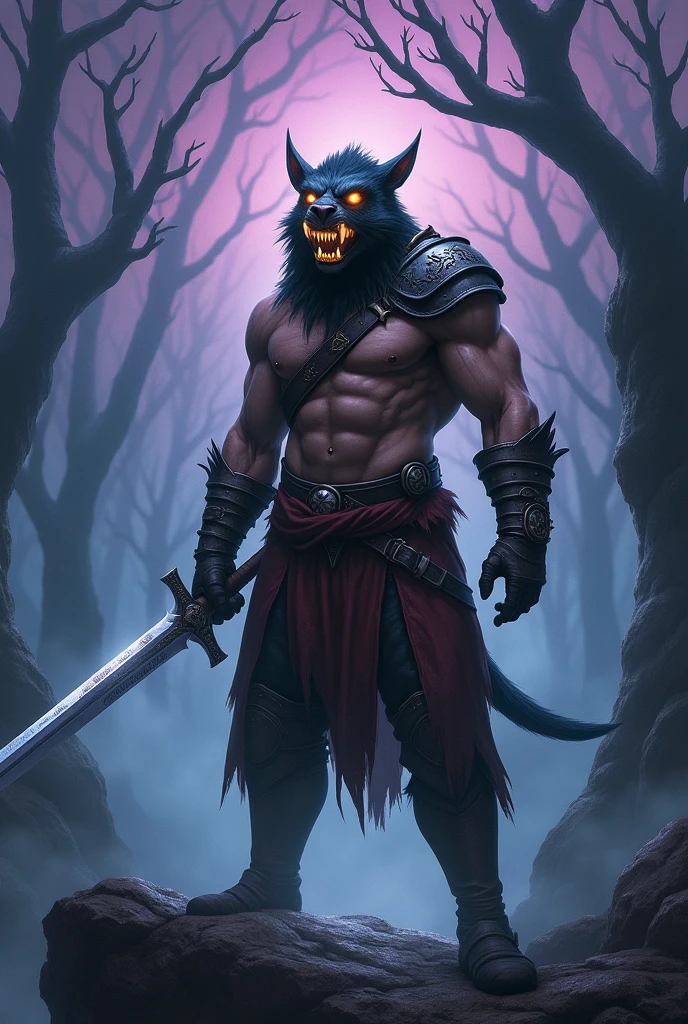 A sword man with the head of a scary creature