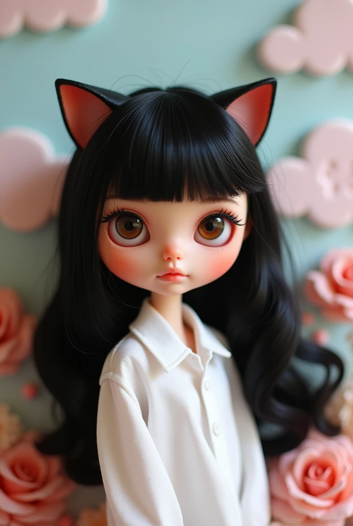 Blythe doll with black layered hair, have no bangs, a brown eyes that looks like a cat’s eyes, is wearing a white shirt