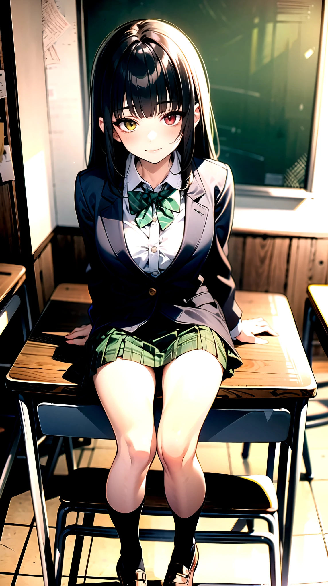 ((super high quality,Ultra-high resolution,4K,8k,super masterpiece,Ultra HD ,Detailed shading)),Full body photo,night classroom,1 high school girl,dark green blazer,White dress shirt unbuttoned to the second button,Yellow and black striped bowtie,Brown plaid mini skirt,Black tights,Extremely long, straight, black hair,Side-swept bangs,Heterochromia of orange and green,Sharp gaze with raised eyebrows,smile,Sit at a desk,