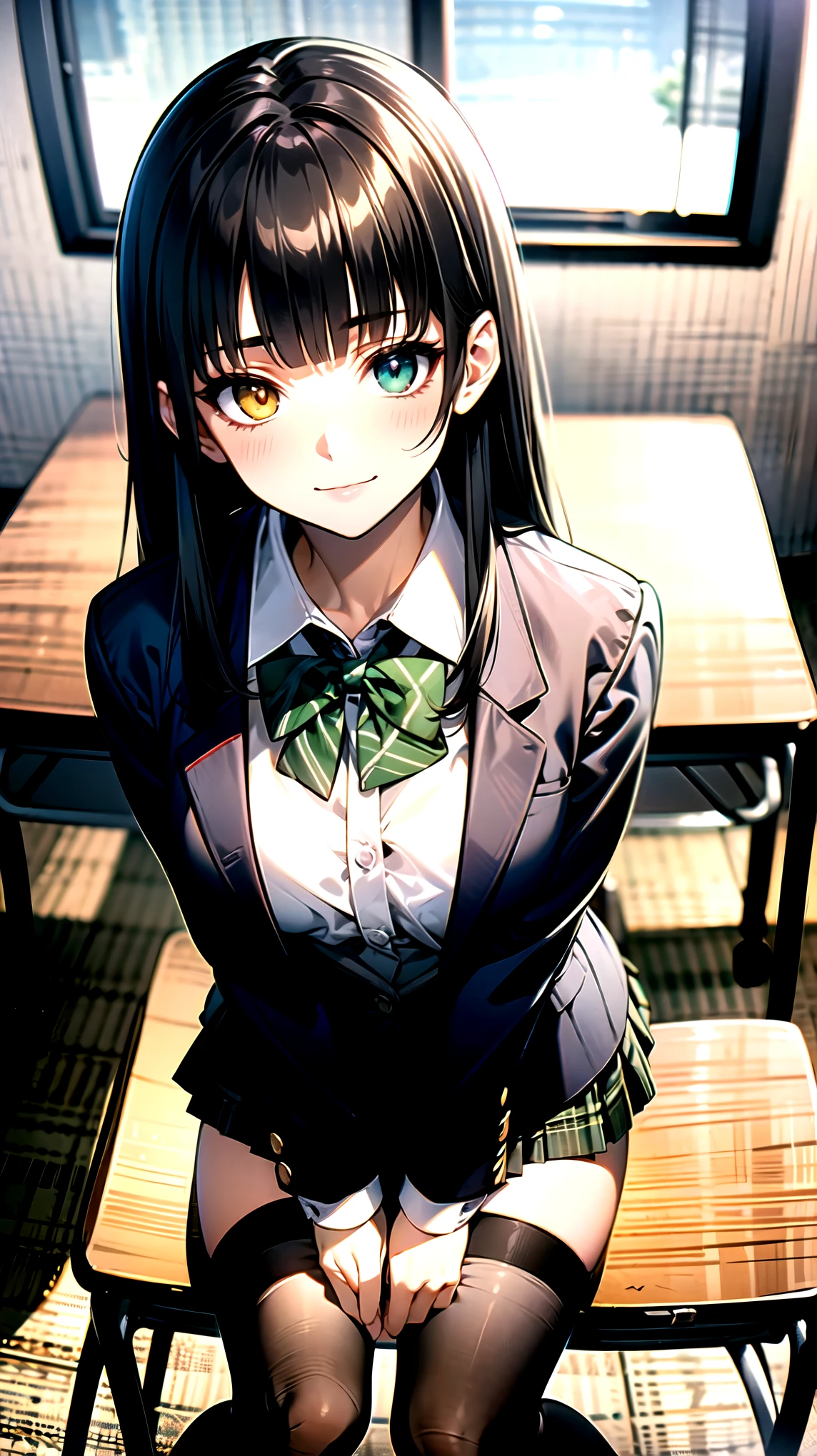（（super high quality,Ultra-high resolution,4K,8k,super masterpiece,Ultra HD ,Detailed shading））,Full body photo,night classroom,1 high school girl,dark green blazer,White dress shirt unbuttoned to the second button,Yellow and black striped bowtie,Brown plaid mini skirt,Black tights,Extremely long, straight, black hair,Side-swept bangs,Heterochromia of orange and green,Sharp gaze with raised eyebrows,smile,Sit at a desk,