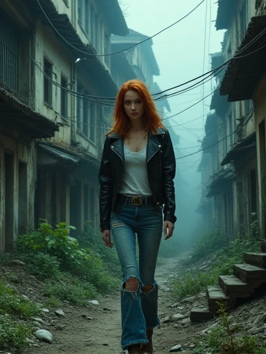 surreal architecture, surreal abandoned buildings, abandoned flying future city,decrepit,Broken,Armageddon,Dilapidated building,Buildings overgrown with plants,Chinese style buildings. Apocalyptic movie scene.
BREAK
An ultra hot gorgeous (European) woman, age 23. She’s a playmate and men magazine model. Auburn hair. Blue eyes. walking. Ripped jeans, (dirty torn t-shirt), cleavage, leather jacket. Perfect anatomy, perfect hair, perfect breast, perfect body, perfect hands, perfect face, perfect eyes, accurate, anatomically correct,
BREAK
(At night) Black starry sky,Spooky atmosphere. Full body shot.
perfect clear and crisp focus, UHD, masterpiece, photorealistic.