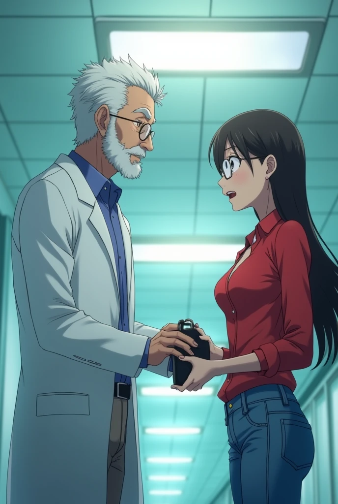 doctor of age 50, handing a black purse bag to a young woman in red shirt, jeans and spectacles. Shirt buttons open. Big chest. Woman bending forwards. A kid looking at her chest with wide open mouth. Cinematic scene. Hospital room background. Front view. High quality anime style.
