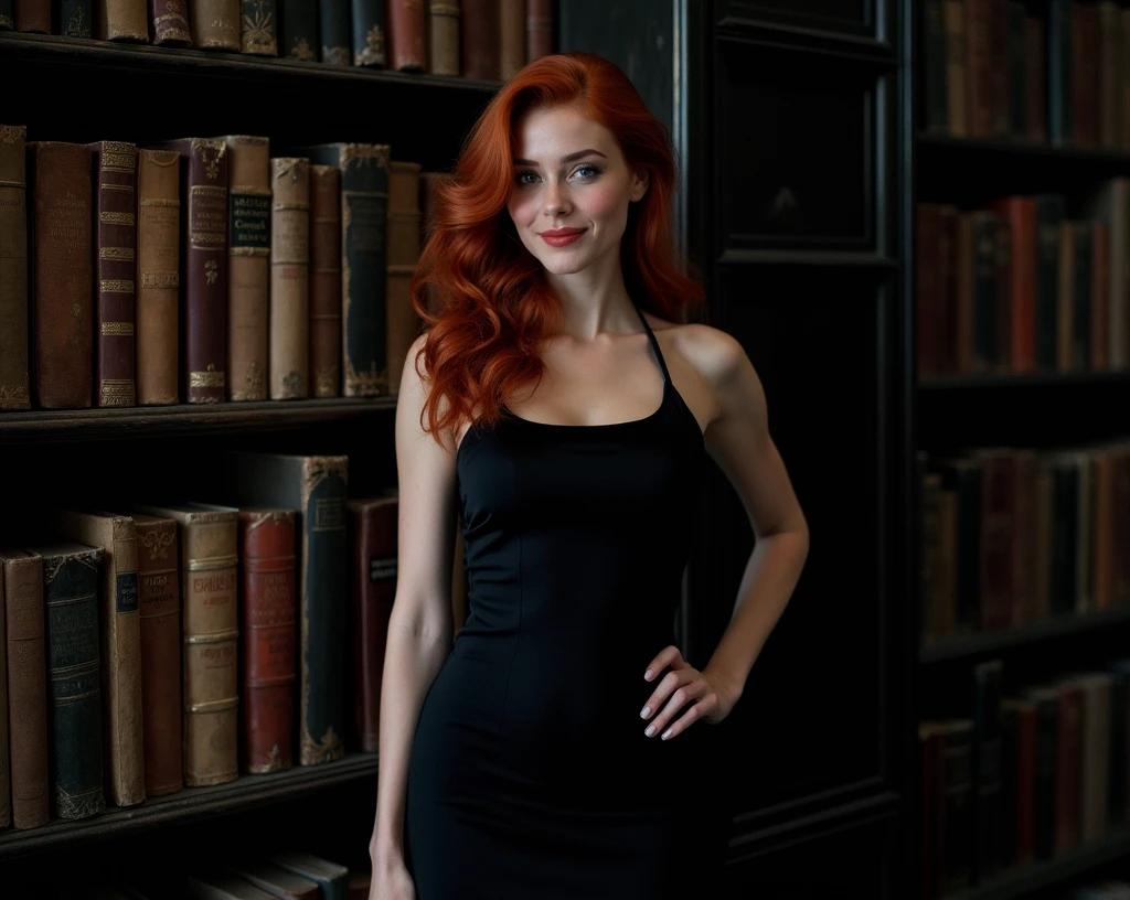 full body photo, beautiful redhead woman, 25 years old, wearing a black pencil dress standing, hourglass figure, Christian Louboutin shoes, choosing books in an old library, ultra realistic photography, studio photography, 32k, ultra quality