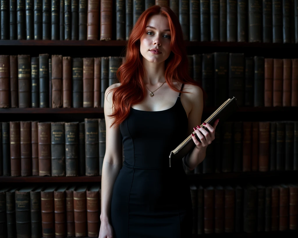 full body photo, beautiful redhead woman, 25 years old, wearing a black pencil dress standing, hourglass figure, Christian Louboutin shoes, choosing books in an old library, ultra realistic photography, studio photography, 32k, ultra quality