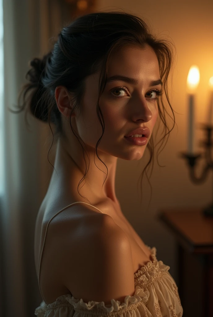 8k, top quality, masterpiece:1.2), (realistic, photo-realistic:1.37), top quality, masterpiece, beautiful young woman, pensive facial expression, thoughtful look, elegantly dressed, hair tied back, messy mood, cinematic backdrop, tired, light skin tone