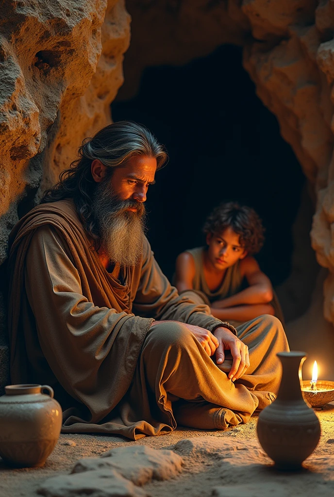 A handsome man from biblical times with long hair and a long, gray beard, inside a cave, eliminated with a lamp, lying down with an adolescent near him, there is an ancient bottle. 
