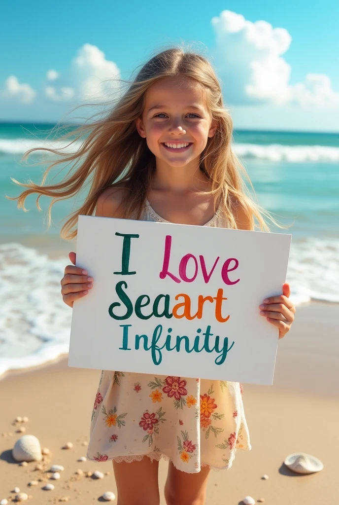 Beautiful girl with wavy long hair, bohemian dress, holding a white board with text "I Love Seaart Infinity" and showing it to the viewer