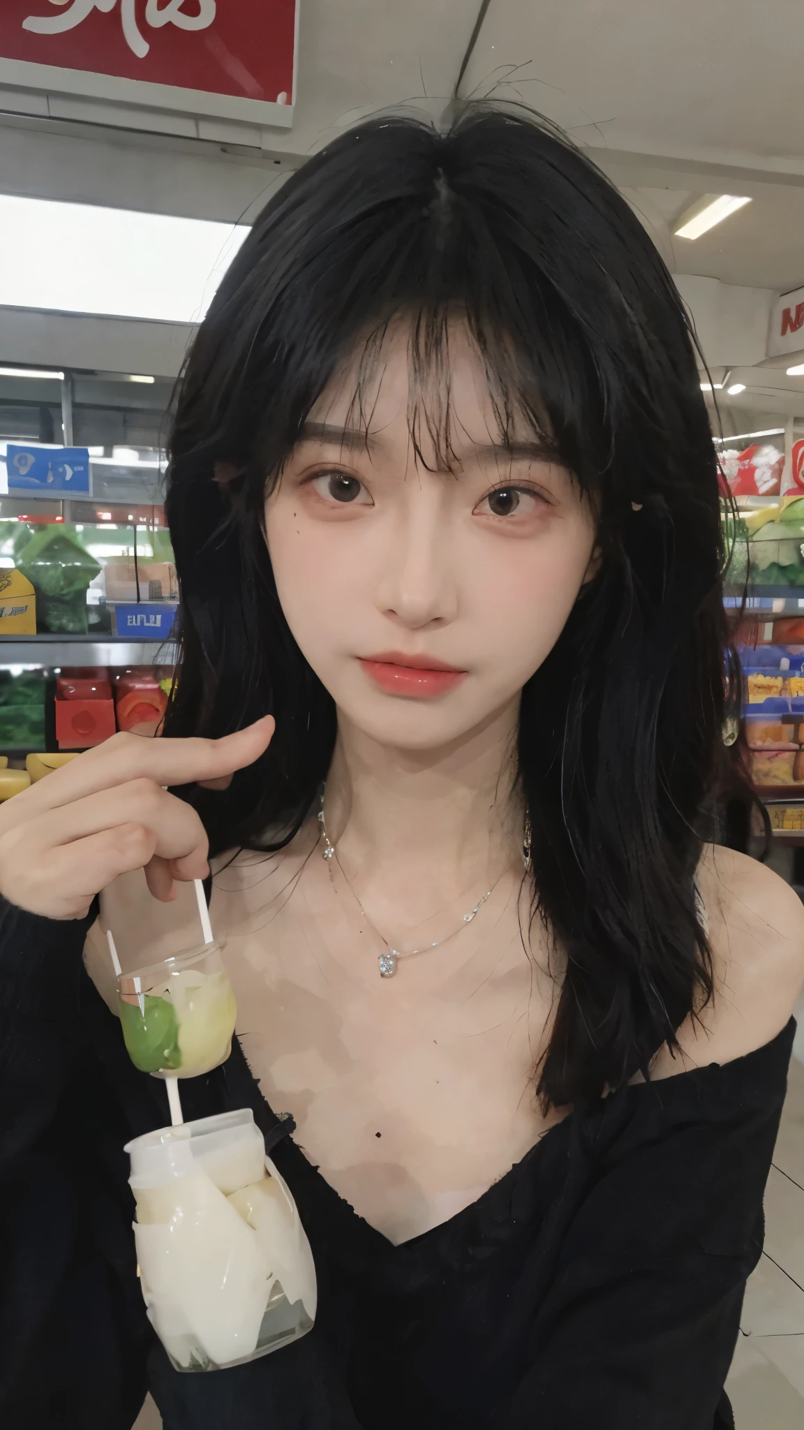 Best quality,Ultra-high resolution,(Realism:1.4),Cute hairpins,girll,Cropped black sweater,Look directly at the audience,Full of atmosphere,Beautiful woman with a slim figure:1.4,supermarket,whole body,Super delicate face,Exquisite eyes,Double eyelids,necklace