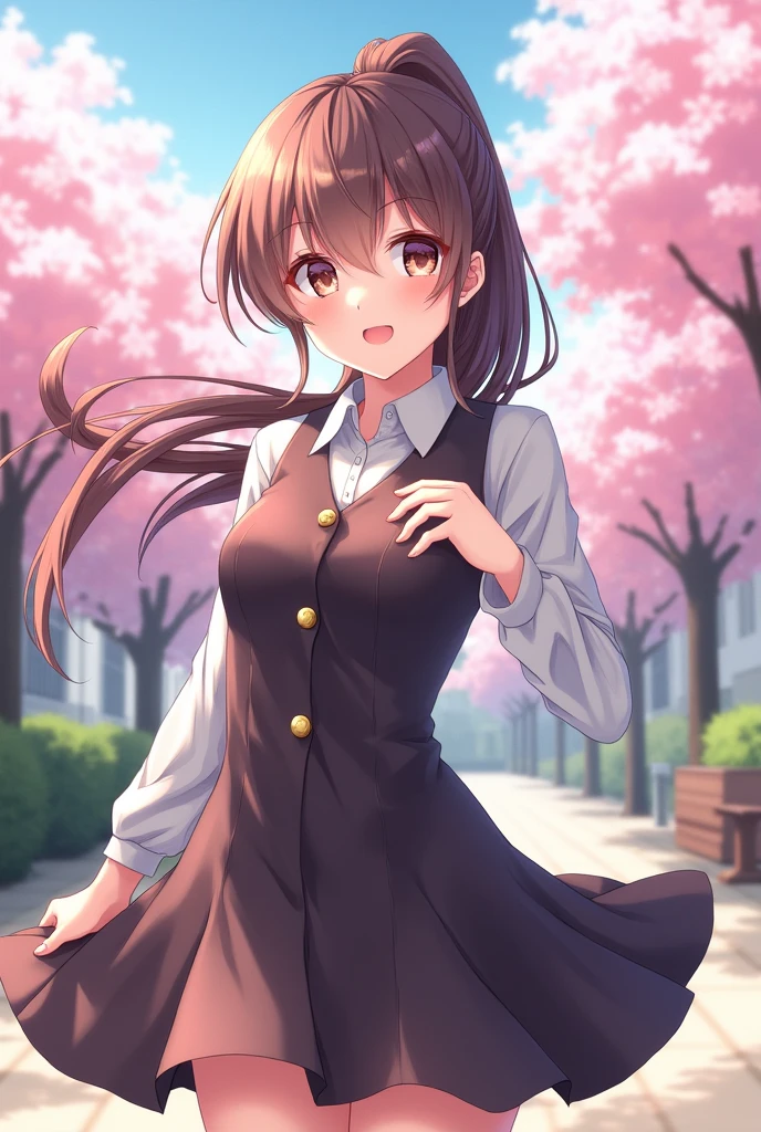 Sexy girl,long ponytail, school dress, midium ,3 buttons open at the chest,my wife,anime