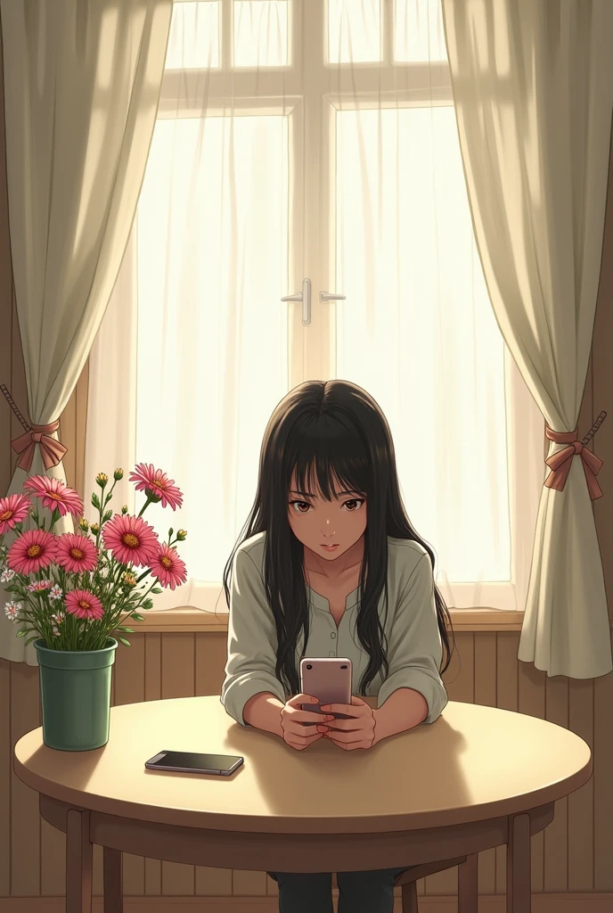 A 20-year-old woman, with a cute room, a large window in a Western-style building, a Western-style room, a table(A round beige table)A white curtain. An iPhone placed on a table. A woman hunched over the table. She has long hair and is Japanese. Human-like manga. Beautiful down to the details. A melancholic, lonely expression. Her eyes are open and brown. A vase of flowers by the window. Pink Gerberas, small white flowers, a white vase. The woman is looking at the iPhone on the table. 
