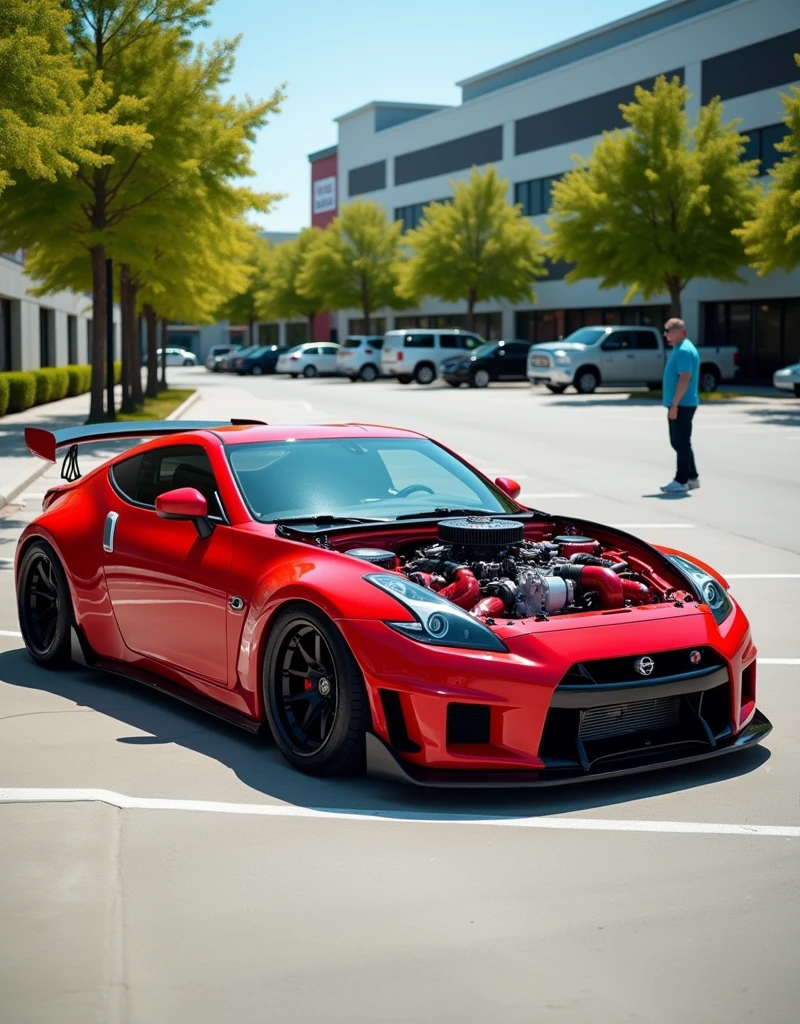 Image features a highly modified red sports car with its hood open, showcasing the engine. The car is parked in an outdoor setting, likely a parking lot, with a few trees and buildings visible in the background. The car has a sleek, aerodynamic design with a wide body kit, low stance, and custom wheels. The front bumper is aggressive with large air intakes, and the headlights are sharp and narrow. The paint job is glossy, reflecting the surroundings. There are no visible people in the immediate foreground, but a person can be seen in the background near the right side of the image.
