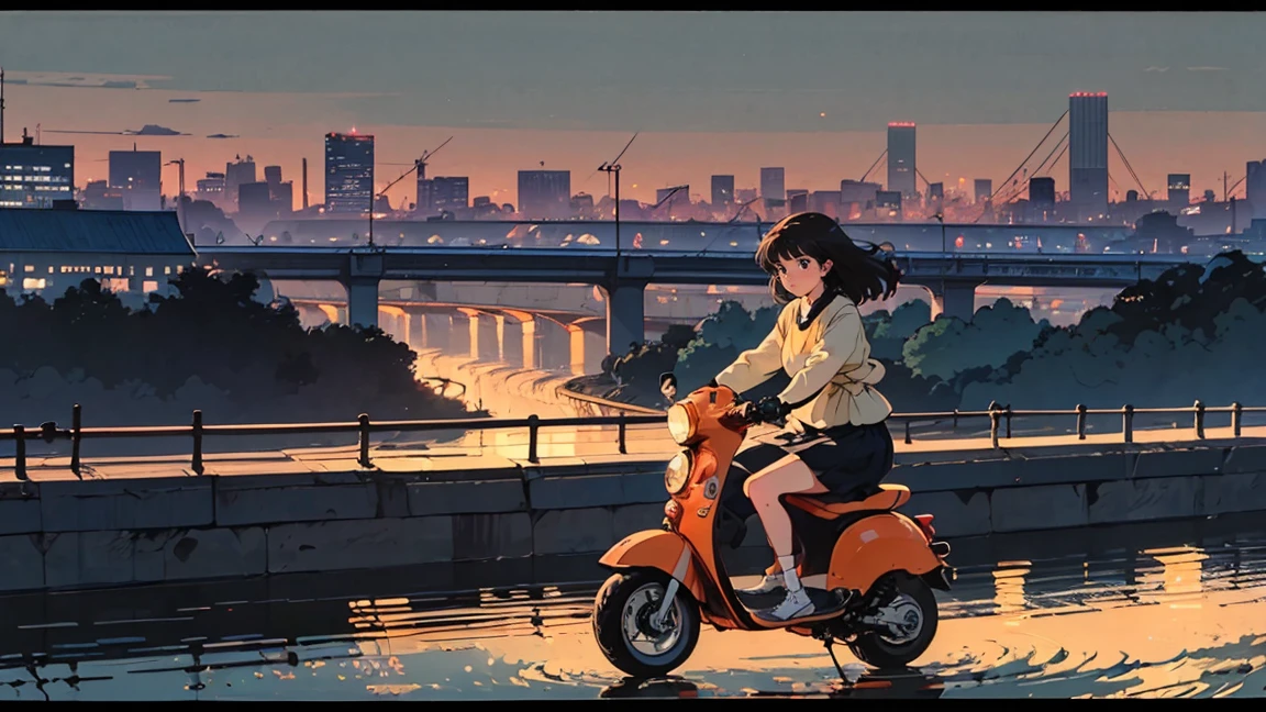 A girl riding an orange scooter, wearing casual and white shoes, with the city skyline in the background, a river flowing beside her. In the style of anime, with pastel colors, detailed drawing, cartoonish style, flat illustration, soft lighting, high resolution, sharp focus, digital art, panoramic view. The image has a retro, anime-inspired art style.