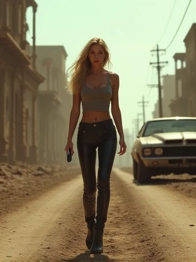 ((best quality)), ((masterpiece)), ((realistic)), (detailed), abandoned wasted city, rusty muscle car standing on a street, Fallout, everything covered with dust, postapocalyptic, an ultra hot gorgeous European woman, age 23. She’s a ((playmate and men magazine model)). Blonde hair, Tank top, cleavage, leather pants. Walking in the street. realism, exploration, cinematic, realistic, octane render, unreal engine, hyper detailed, volumetric light, moody cinematic epic concept art, realistic matte painting, concept art, insanely detailed, , ((masterpiece)), absurdres, HDR