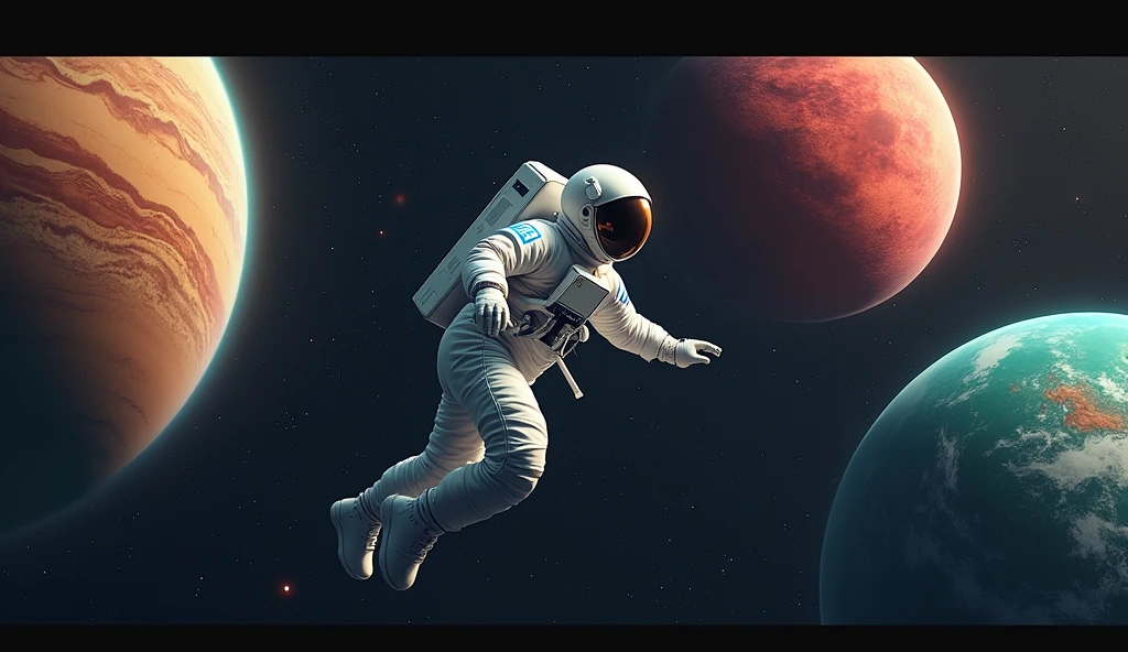 Create an astronaut for me floating in space with some beautiful planets and a very good view