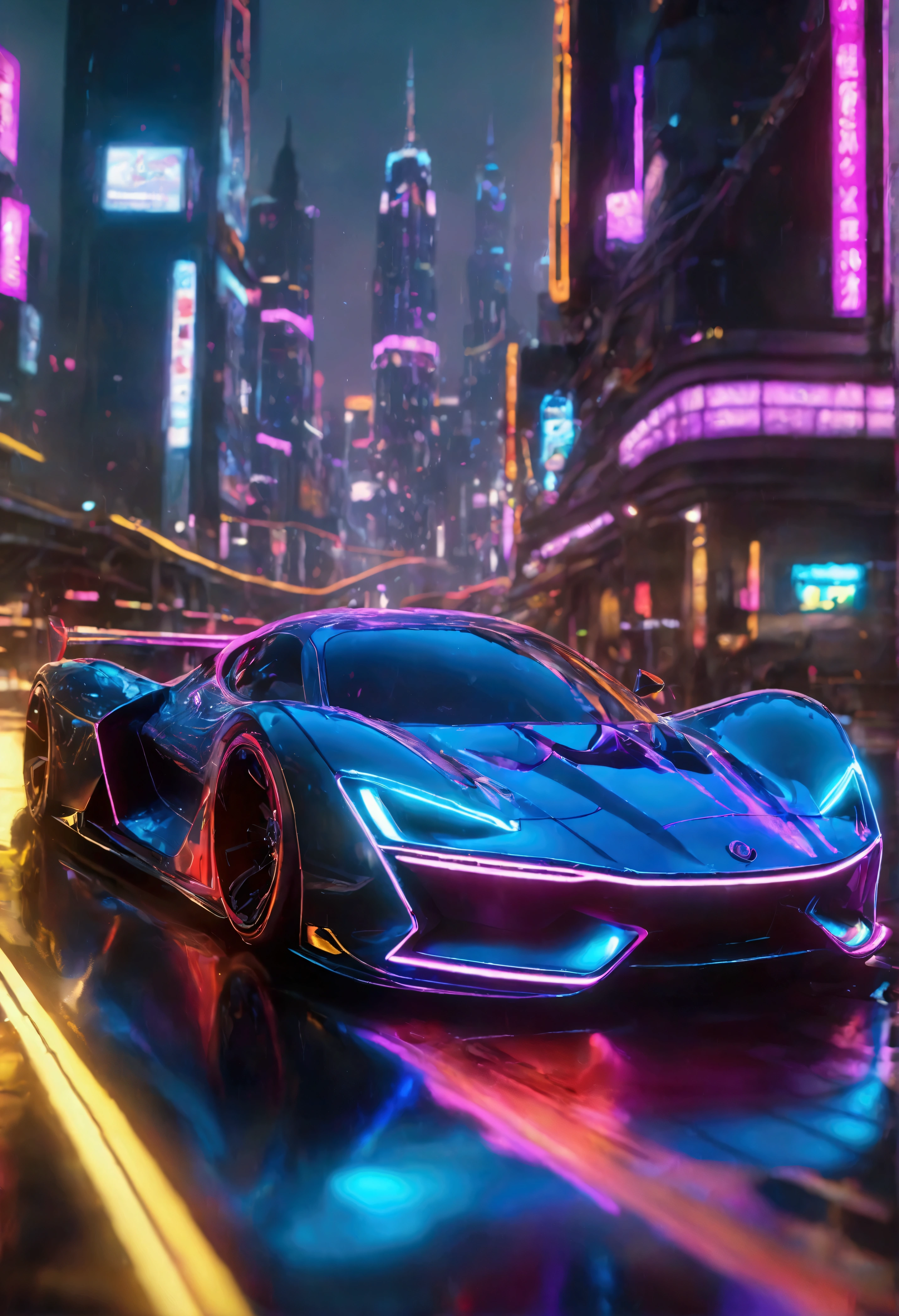 (((best quality))),(((ultra detailed))),(((masterpiece))),illustration, speed lines effect, An extraordinary and highly detailed artwork capturing a futuristic cyber-era race car. The car features a sleek and futuristic design with a metallic finish, showcasing intricate lines and adorned with vibrant neon lights. The tires emit a mesmerizing blue electric glow, adding to the dynamic energy of the scene. The race car appears to be speeding through a cityscape at night, with buildings and skyscrapers illuminated by dazzling lights. This high-definition masterpiece is reminiscent of the finest artworks by visionary artists like Syd Mead, Daniel Simon, and Scott Robertson. strafed image of a car driving on a highway with a blurred background, background art, 4K HD illustrative wallpaper, futuristic super car render, neon-noir background, PC screenshot, 4K wallpaper, 4k wallpaper, digitally painted, octane rendered, 3840 x 2160, 3840x2160