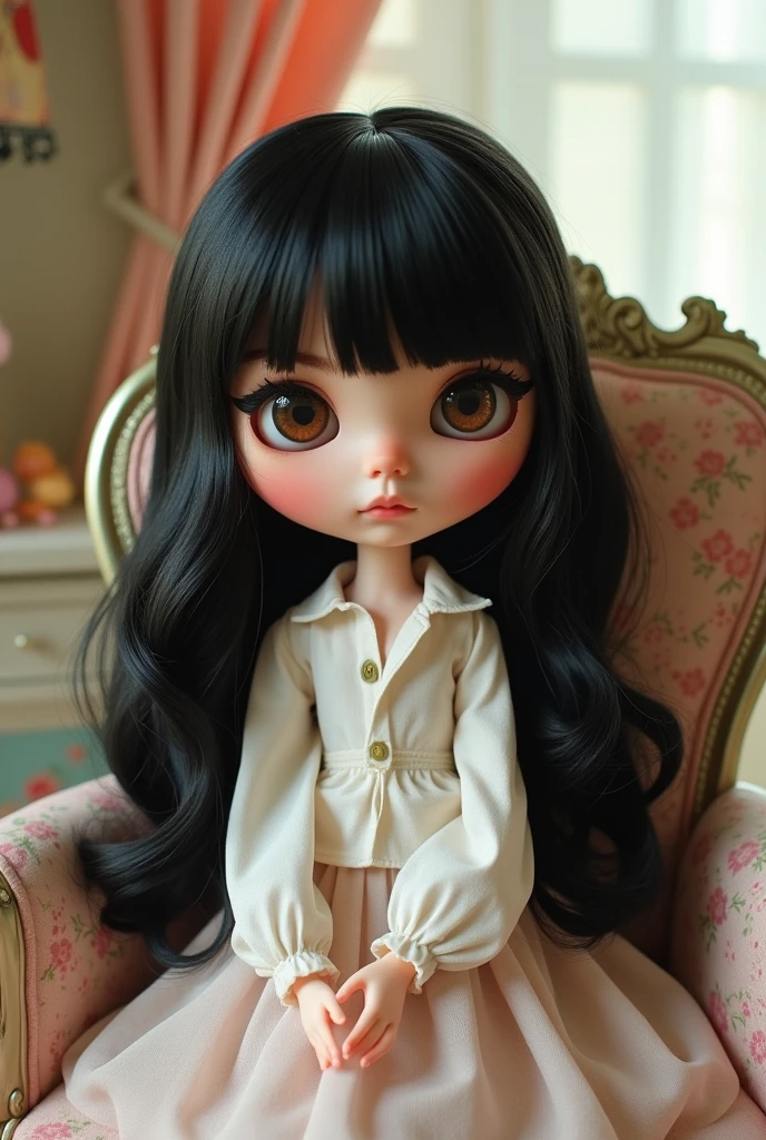 Blythe doll with black layered hair, have no bangs, a brown eyes that looks like a cat’s eyes, is wearing a white shirt and no cat ears