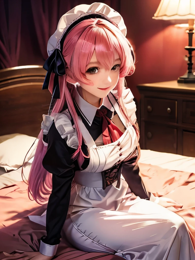 Blur the background、With a warm appearance、Wearing a maid outfit with a garçon look, Crimson tie、she sits by the bedside and smiles sweetly...、Wearing a mob cap、Tie your hair、Big ribbon on head、Colorful hair colors、Sparkly air、Dancing Petals、hot summer、amount