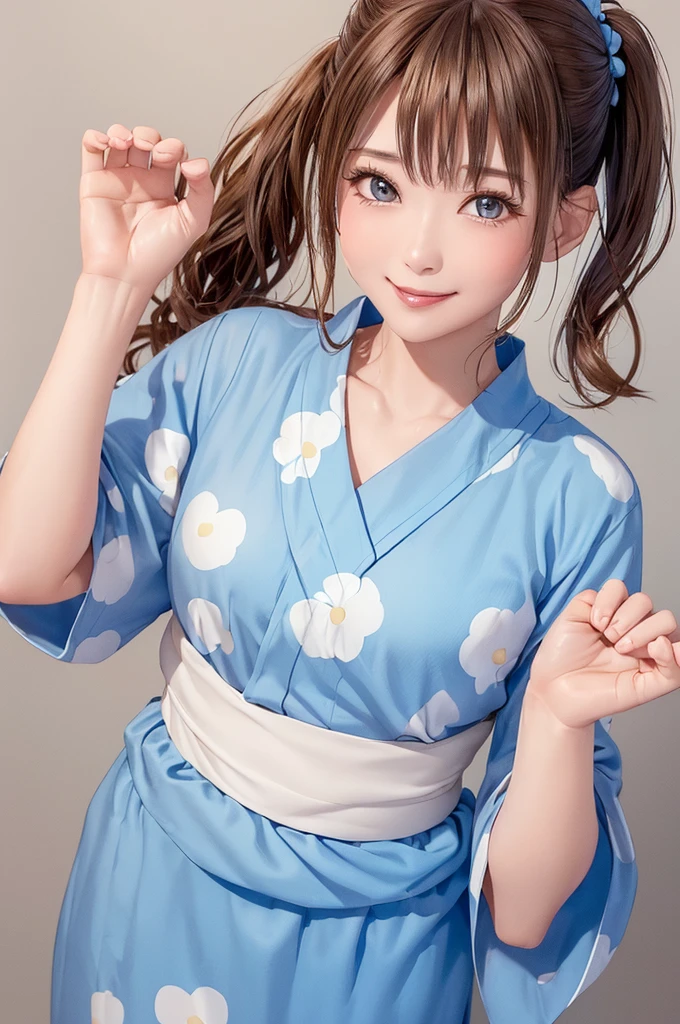 (((Cowboy Shot、Women's Solo Shot、Oil、Pure white wall background、masterpiece、Highest quality、High resolution)))、blonde、Medium Hair、(((Side Ponytail)))、(((Dot-patterned yukata)))、(((Light blue yukata)))、((Yukata with brown polka dots)))、Fashionable hairstyles、Pure white wall background、Red cheeks、((No Shadow、Frame In))、((Small breasts))、((smile))、((Happy expression))、(((Wave your right hand)))、((((No background))))、