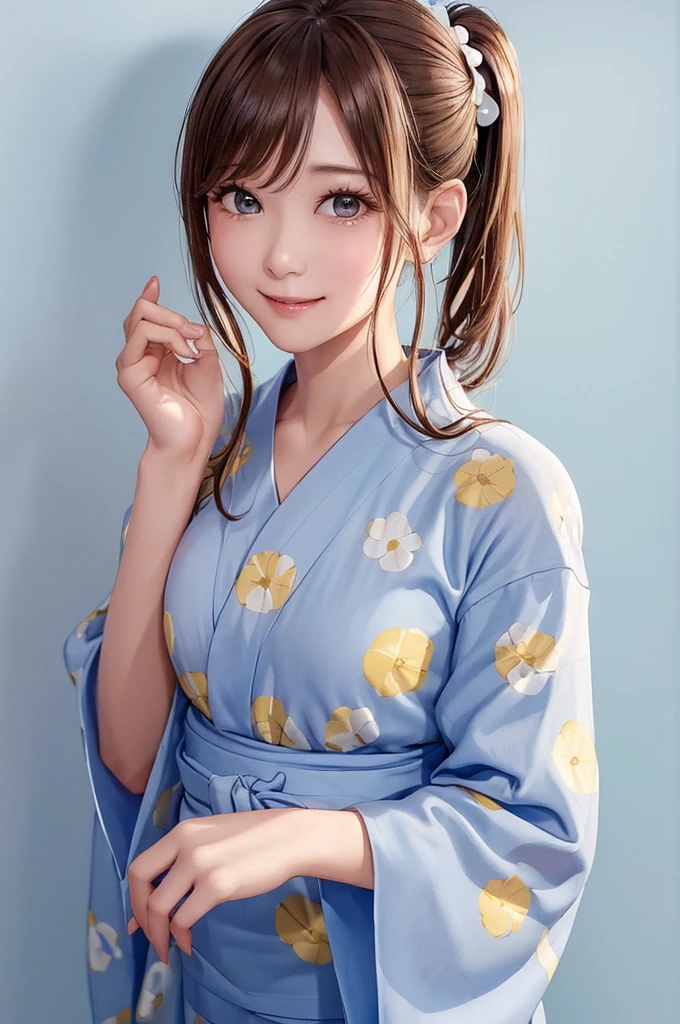 (((Cowboy Shot、Women's Solo Shot、Oil、Pure white wall background、masterpiece、Highest quality、High resolution)))、blonde、Medium Hair、(((Side Ponytail)))、(((Dot-patterned yukata)))、(((Light blue yukata)))、((Yukata with brown polka dots)))、Fashionable hairstyles、Pure white wall background、Red cheeks、((No Shadow、Frame In))、((Small breasts))、((smile))、((Happy expression))、(((Wave your right hand)))、((((No background))))、