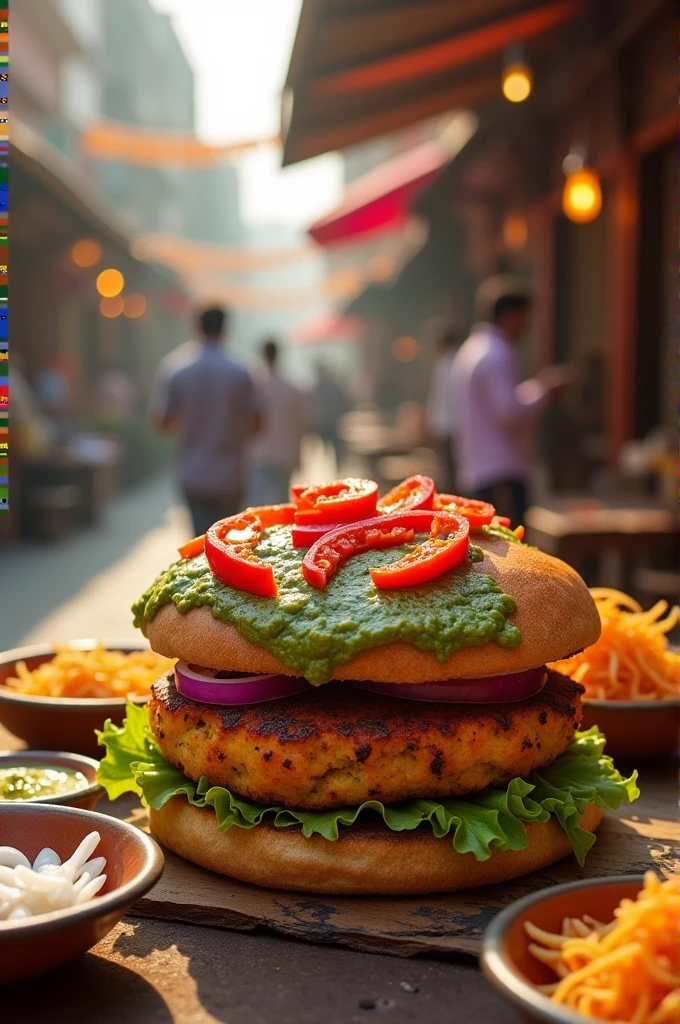 Create a Indian Street burger with chutny & chilli