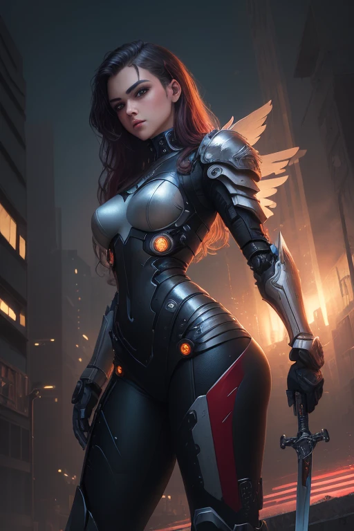 a woman dressed in leather posing with a sword, beautiful cyborg angel girl, angel with plastic armor, angel knight girl, as a mystical Valkyrie, mechanized Valkyrie girl, Futuristic robot angel, Shot of the body of the cinematic goddess, Ala cyborg, cyberpunk angry gorgeous goddess, armor girl, seductive cyberpunk dark fantasy, Valkyrie, alena aenami and artgerm, epic angle and pose