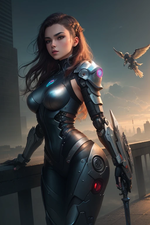 a woman dressed in leather posing with a sword, beautiful cyborg angel girl, angel with plastic armor, angel knight girl, as a mystical Valkyrie, mechanized Valkyrie girl, Futuristic robot angel, Shot of the body of the cinematic goddess, Ala cyborg, cyberpunk angry gorgeous goddess, armor girl, seductive cyberpunk dark fantasy, Valkyrie, alena aenami and artgerm, epic angle and pose