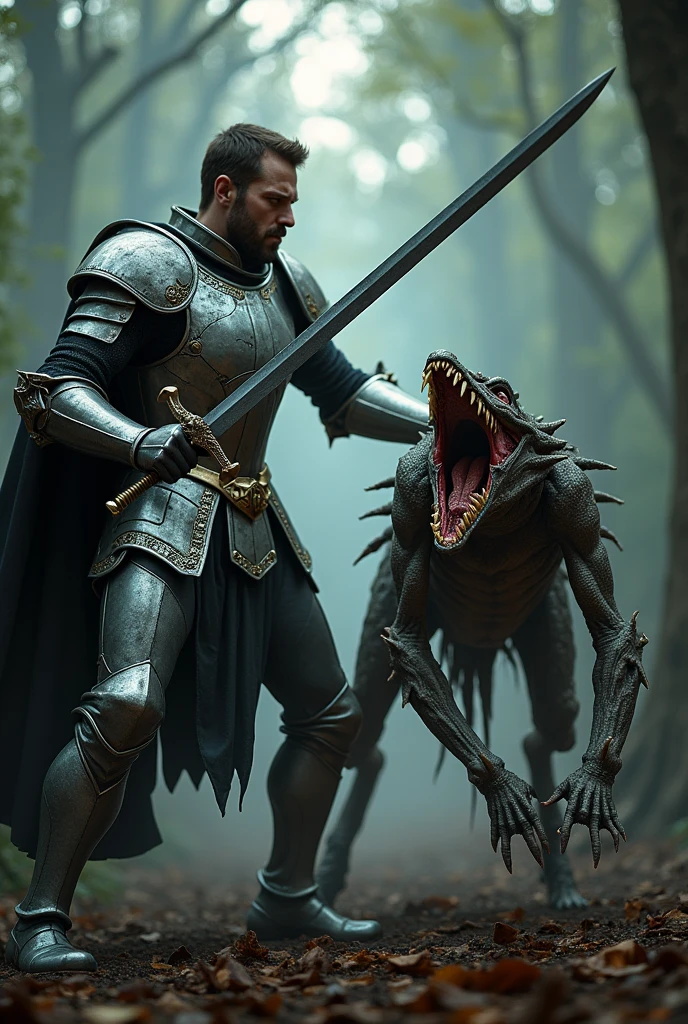 A sword man cutting the head of a scary creature 