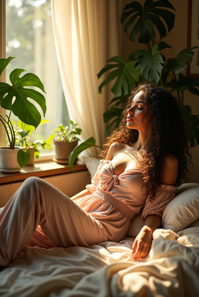 (photorealism:1.2), beautiful woman, sitting on bed, wearing loose off-shoulder top, pajama pants, long curly hair, indoors, soft lighting, plants in background, window with sunlight, cozy room, relaxed pose, realistic, intricate details, warm colors, by Greg Rutkowski, by Alphonse Mucha